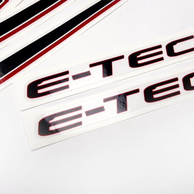Vinyl graphic decals set suitable for Evinrude 50 hp two stroke outboard engine on transparent film for a white hood cover cowling . Vinyl stickers kit for Ewinrude 50 hp two stroke Handmade