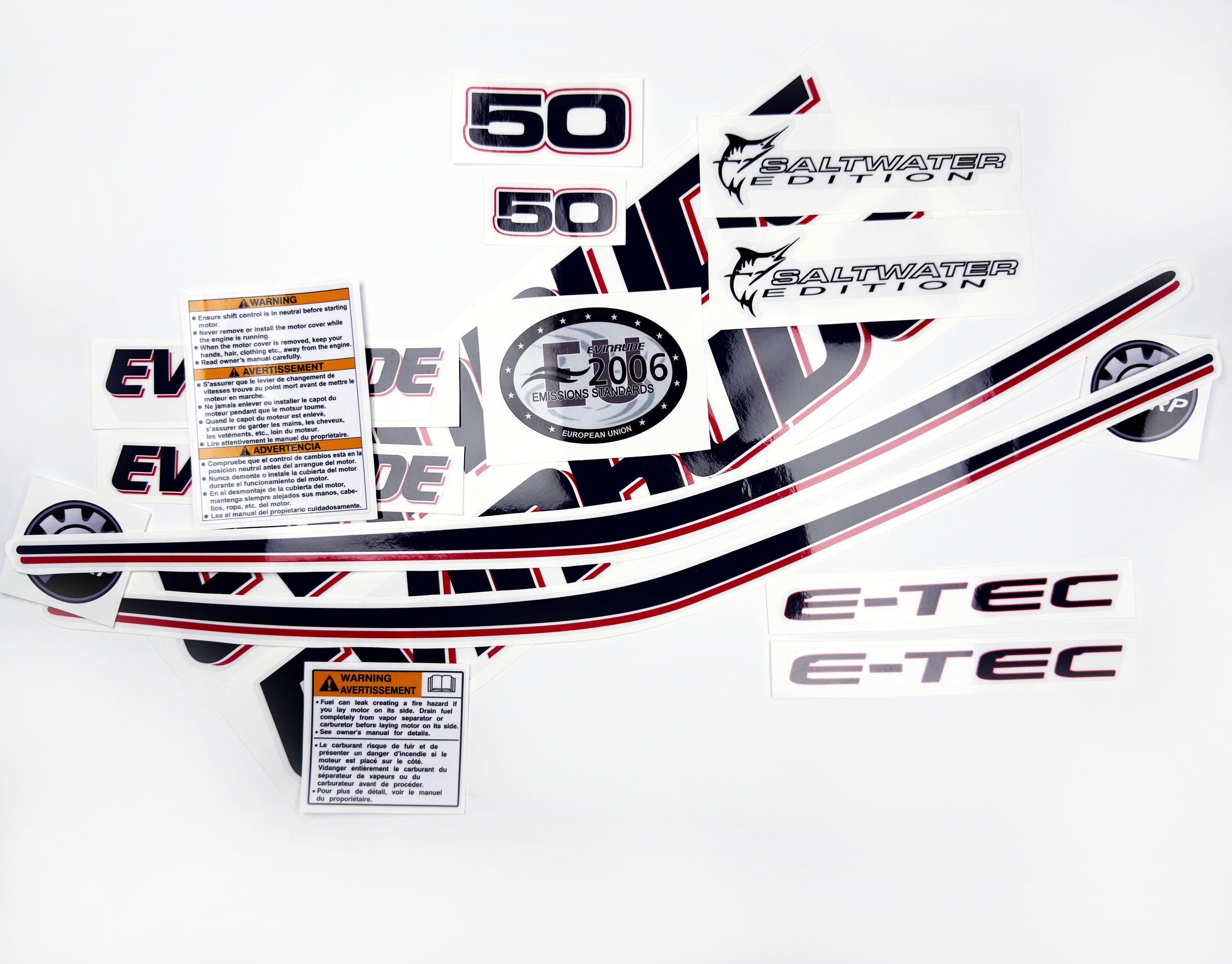 Vinyl graphic decals set suitable for Evinrude 50 hp two stroke outboard engine on transparent film for a white hood cover cowling . Vinyl stickers kit for Ewinrude 50 hp two stroke Handmade