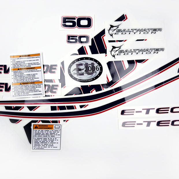 Vinyl graphic decals set suitable for Evinrude 50 hp two stroke outboard engine on transparent film for a white hood cover cowling . Vinyl stickers kit for Ewinrude 50 hp two stroke Handmade