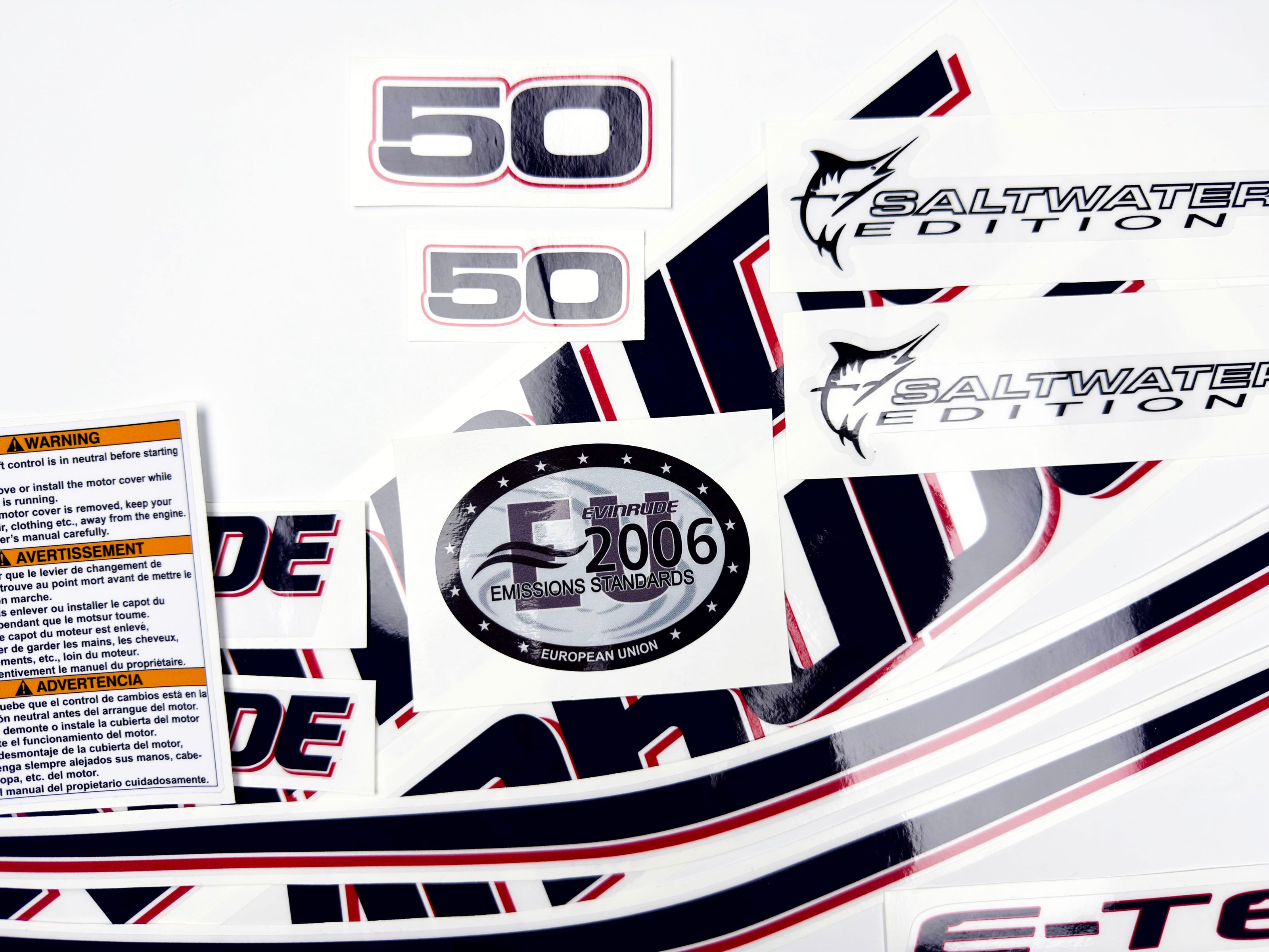 Vinyl graphic decals set suitable for Evinrude 50 hp two stroke outboard engine on transparent film for a white hood cover cowling . Vinyl stickers kit for Ewinrude 50 hp two stroke Handmade