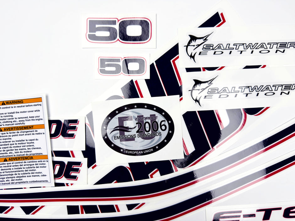 Vinyl graphic decals set suitable for Evinrude 50 hp two stroke outboard engine on transparent film for a white hood cover cowling . Vinyl stickers kit for Ewinrude 50 hp two stroke Handmade