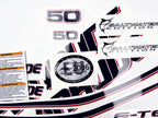 Vinyl graphic decals set suitable for Evinrude 50 hp two stroke outboard engine on transparent film for a white hood cover cowling . Vinyl stickers kit for Ewinrude 50 hp two stroke Handmade