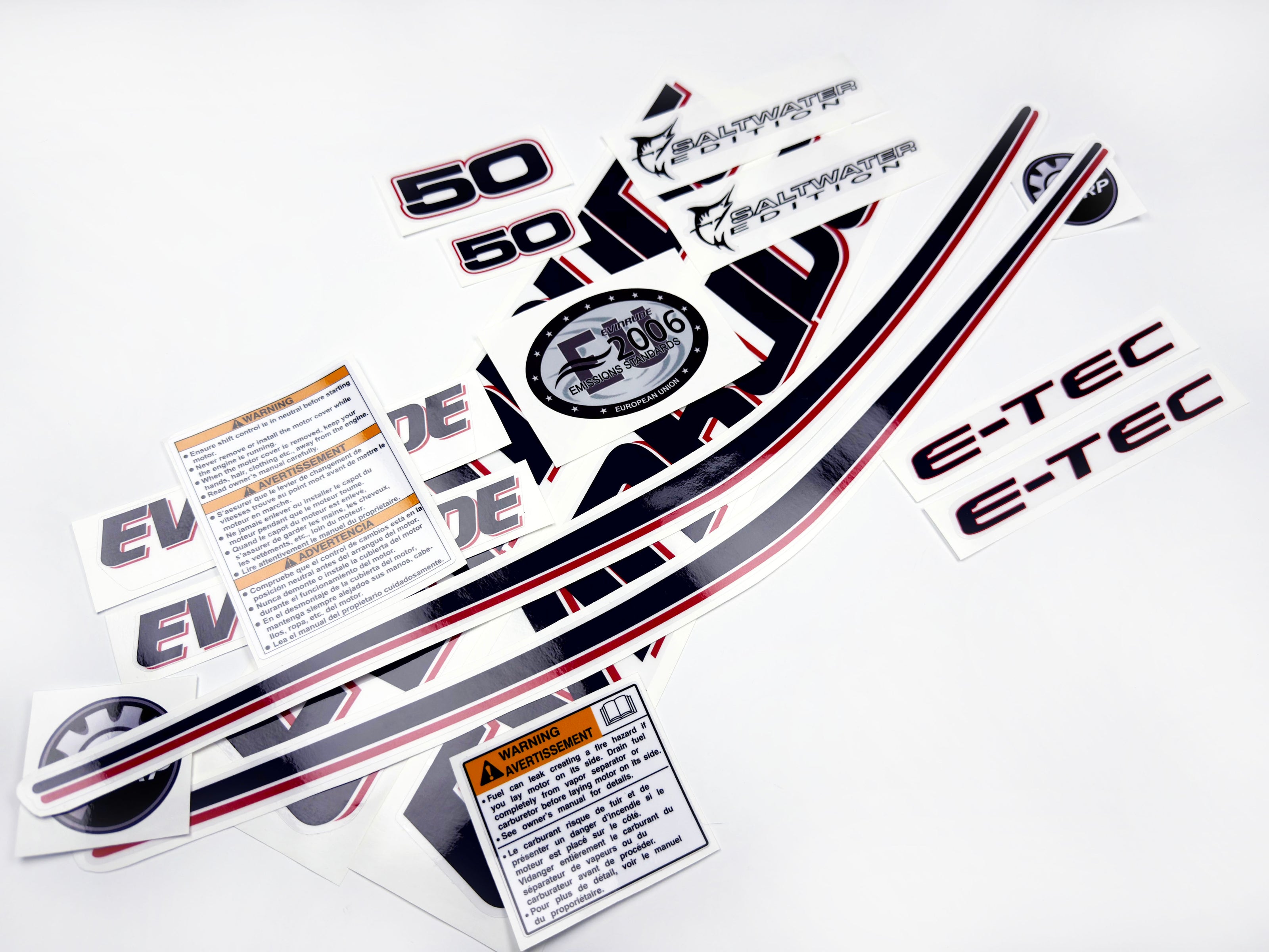 Vinyl graphic decals set suitable for Evinrude 50 hp two stroke outboard engine on transparent film for a white hood cover cowling . Vinyl stickers kit for Ewinrude 50 hp two stroke Handmade