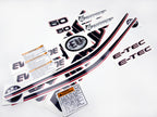 Vinyl graphic decals set suitable for Evinrude 50 hp two stroke outboard engine on transparent film for a white hood cover cowling . Vinyl stickers kit for Ewinrude 50 hp two stroke Handmade