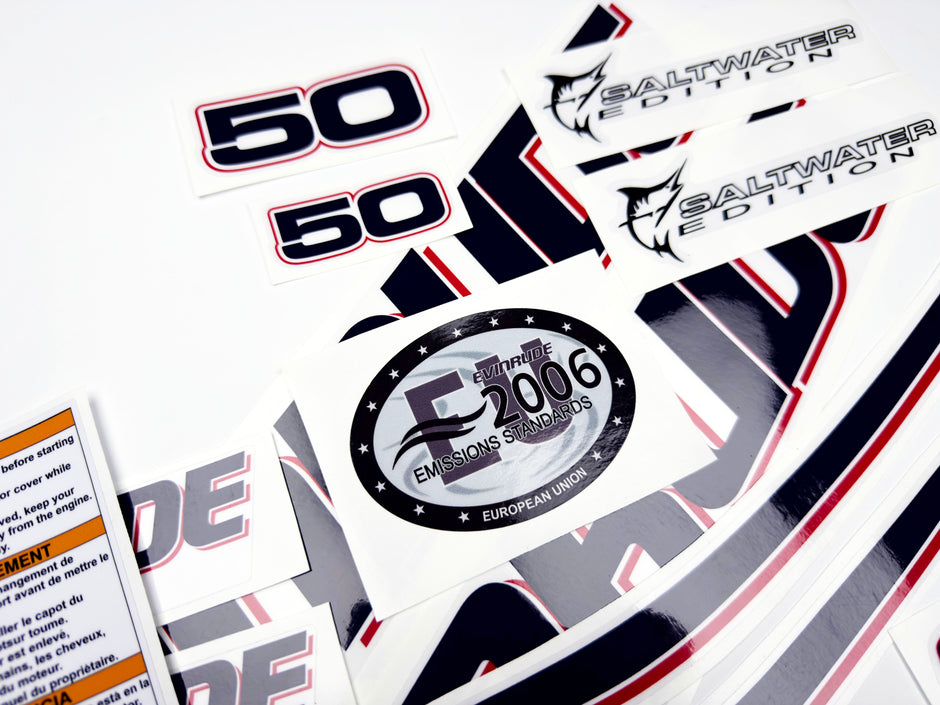 Vinyl graphic decals set suitable for Evinrude 50 hp two stroke outboard engine on transparent film for a white hood cover cowling . Vinyl stickers kit for Ewinrude 50 hp two stroke Handmade