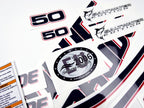 Vinyl graphic decals set suitable for Evinrude 50 hp two stroke outboard engine on transparent film for a white hood cover cowling . Vinyl stickers kit for Ewinrude 50 hp two stroke Handmade