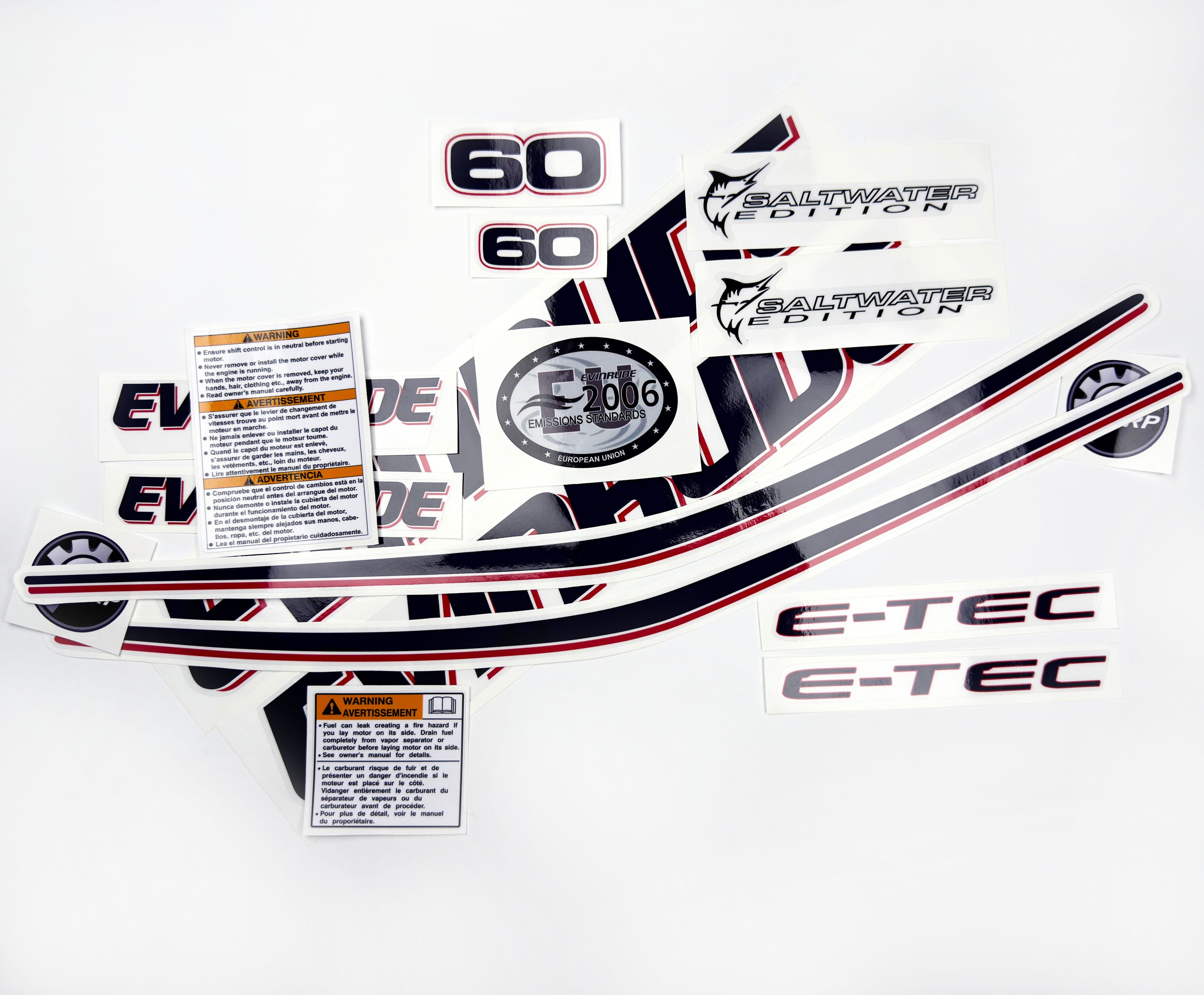 Vinyl graphic decals set suitable for Evinrude 50 hp two stroke outboard engine on transparent film for a white hood cover cowling . Vinyl stickers kit for Ewinrude 50 hp two stroke Handmade