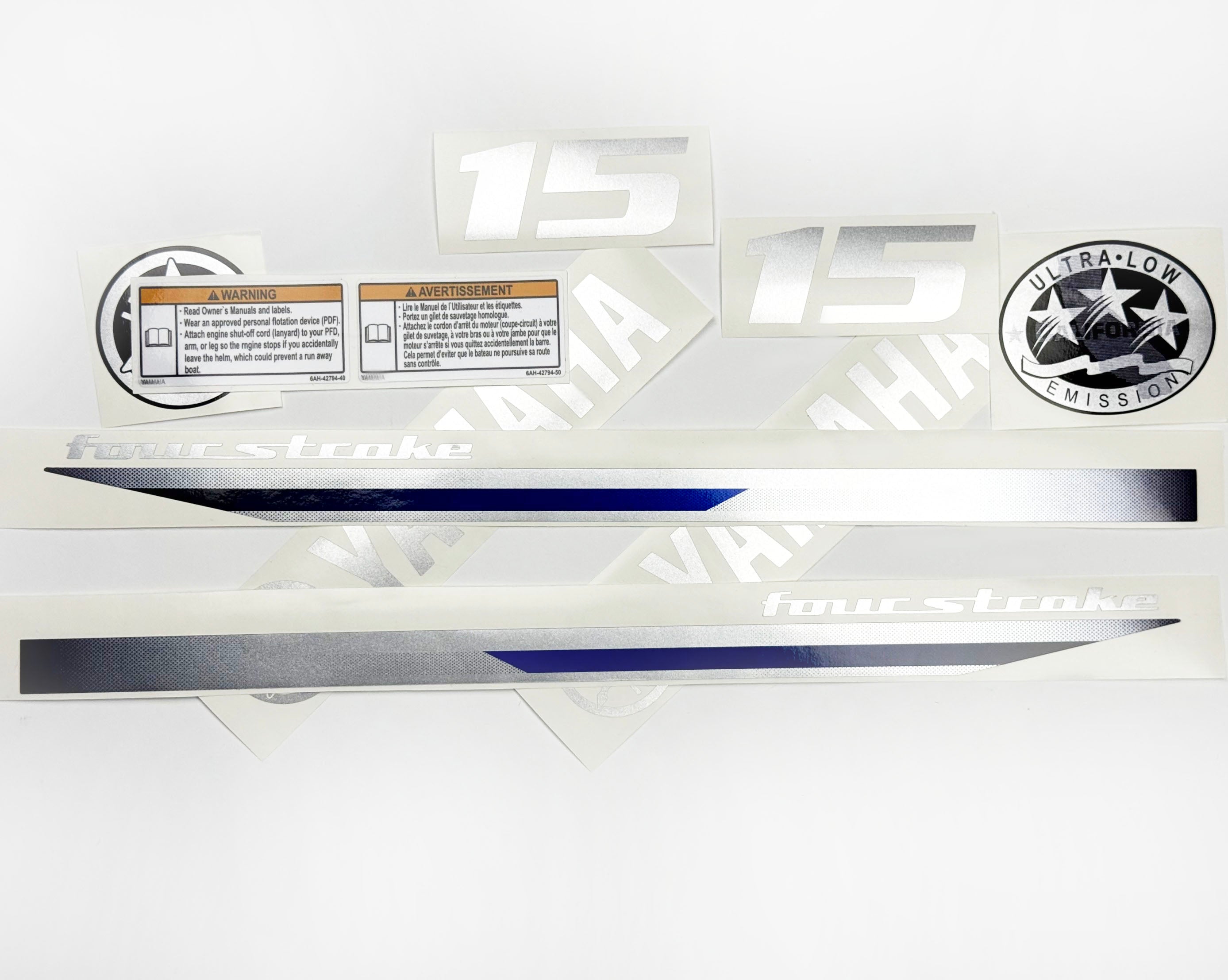 Vinyl graphic decals metalized silver shimmer set suitable for Yamaha 15 hp four stroke outboard engine. Vinyl stickers kit for Yamaha 15 hp four stroke Handmade