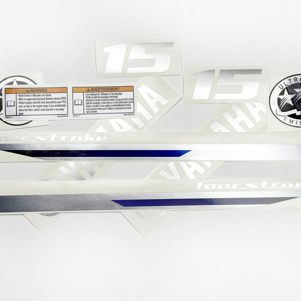 Vinyl graphic decals metalized silver shimmer set suitable for Yamaha 15 hp four stroke outboard engine. Vinyl stickers kit for Yamaha 15 hp four stroke Handmade