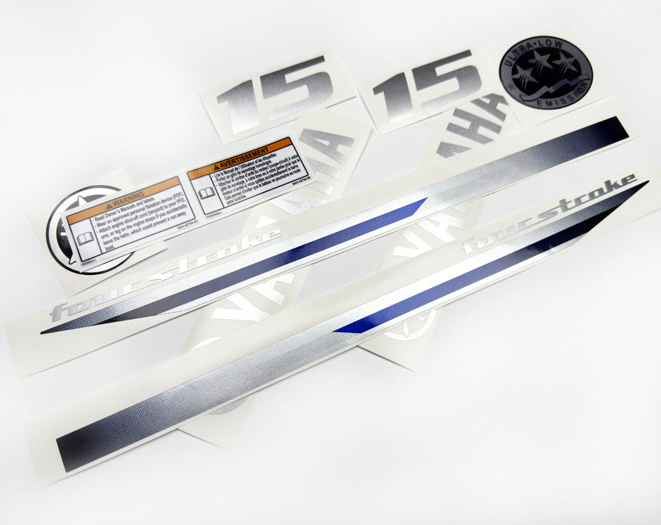 Vinyl graphic decals metalized silver shimmer set suitable for Yamaha 15 hp four stroke outboard engine. Vinyl stickers kit for Yamaha 15 hp four stroke Handmade