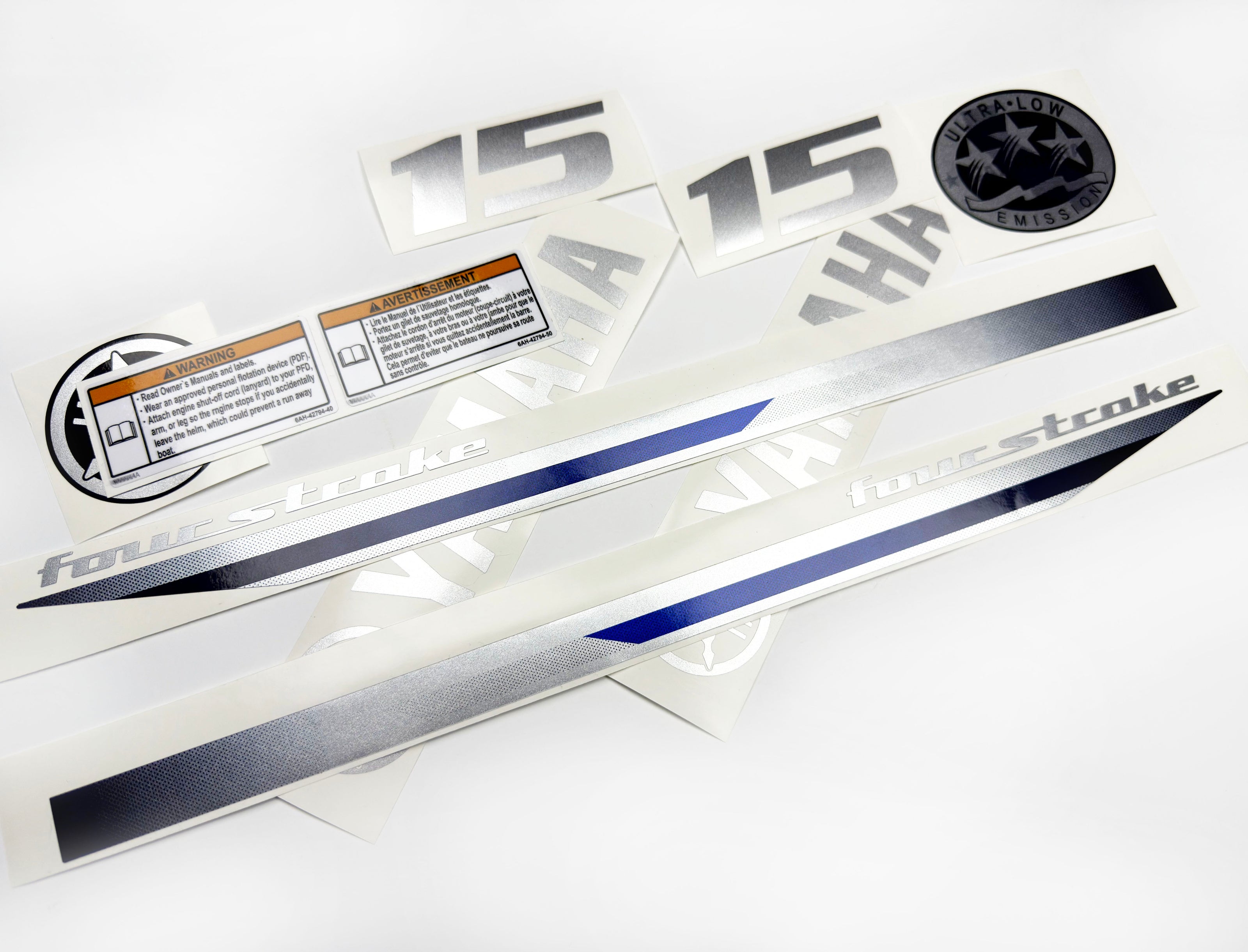 Vinyl graphic decals metalized silver shimmer set suitable for Yamaha 15 hp four stroke outboard engine. Vinyl stickers kit for Yamaha 15 hp four stroke Handmade