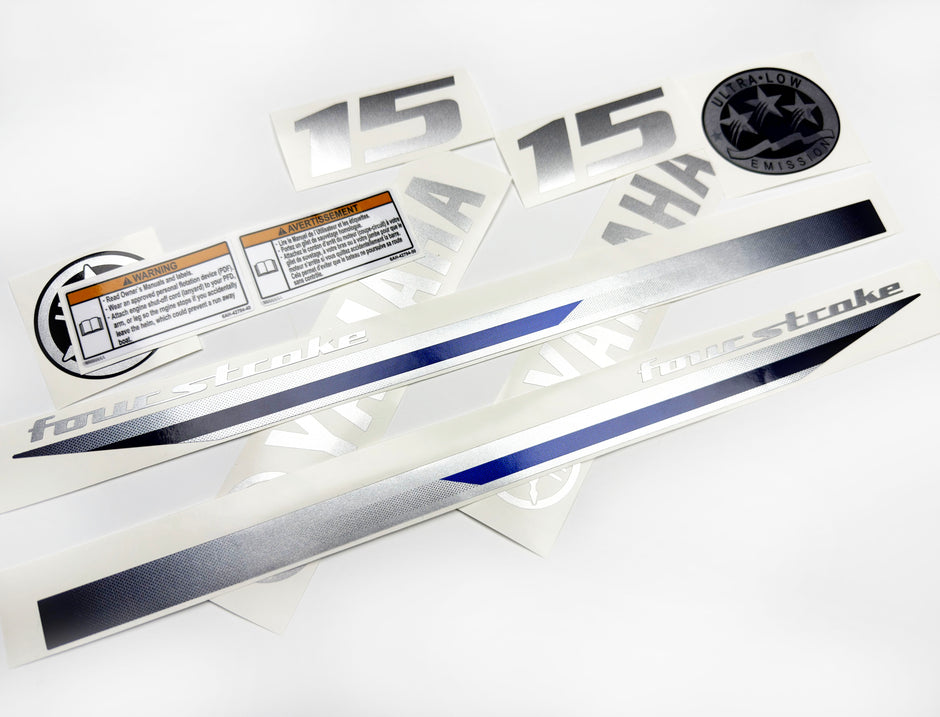 Vinyl graphic decals metalized silver shimmer set suitable for Yamaha 15 hp four stroke outboard engine. Vinyl stickers kit for Yamaha 15 hp four stroke Handmade