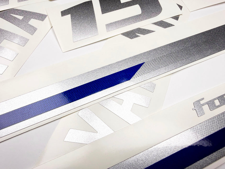 Vinyl graphic decals metalized silver shimmer set suitable for Yamaha 15 hp four stroke outboard engine. Vinyl stickers kit for Yamaha 15 hp four stroke Handmade
