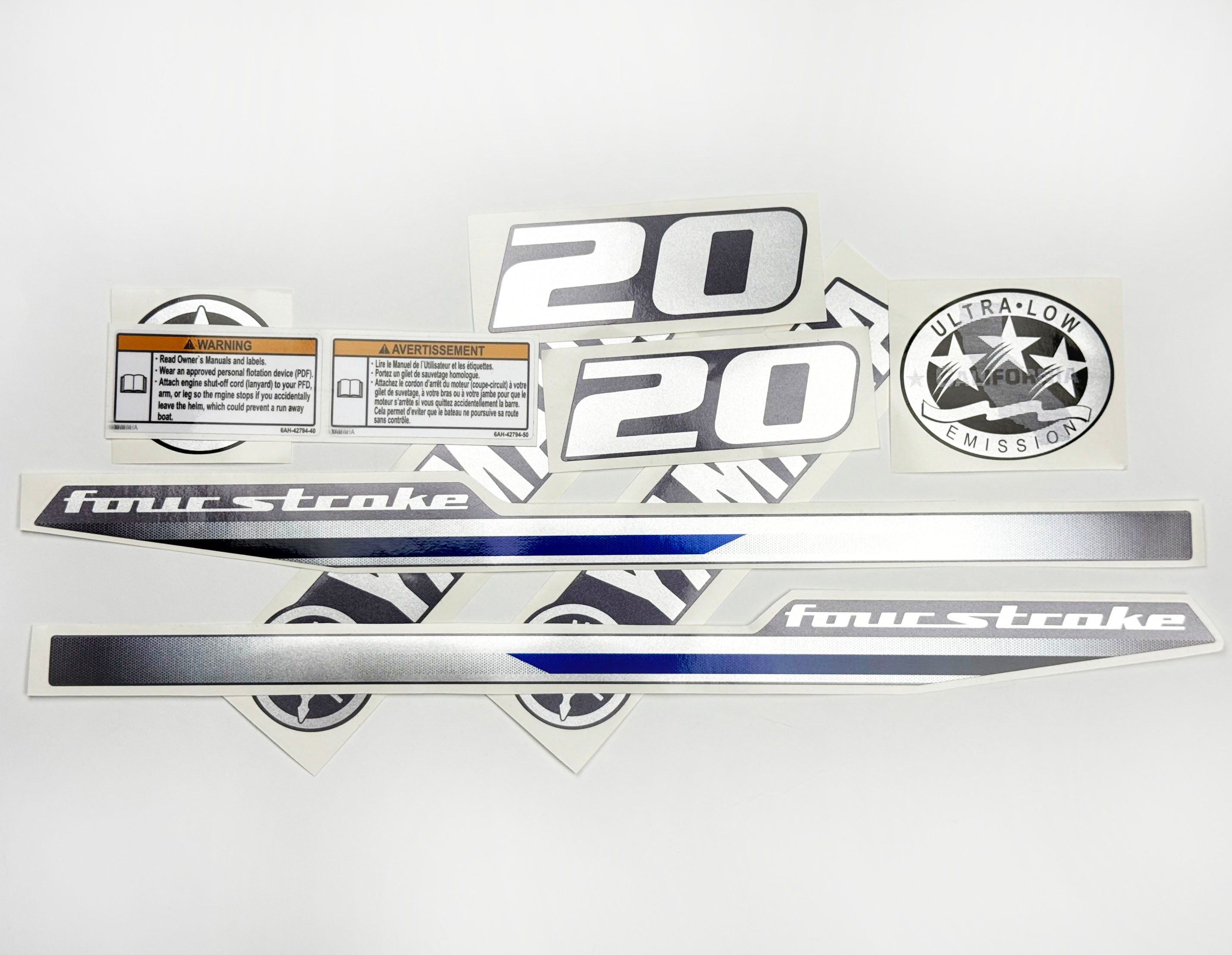 Vinyl graphic metalized silver shimmer decals set suitable for Yamaha 20 hp four stroke outboard engine. Vinyl stickers kit for Yamaha 20 hp four stroke Handmade