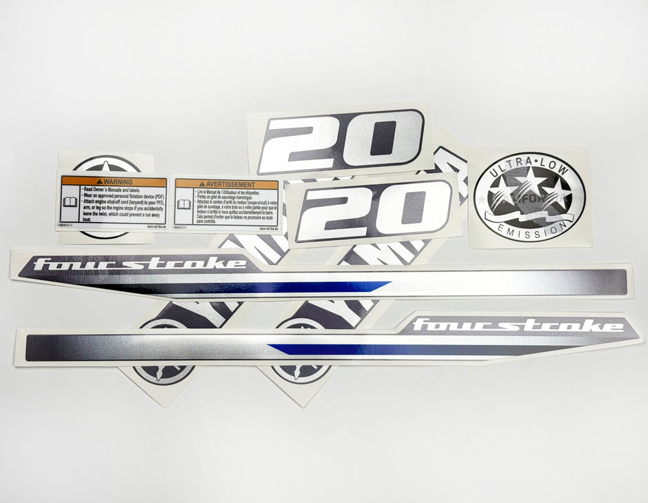 Vinyl graphic metalized silver shimmer decals set suitable for Yamaha 20 hp four stroke outboard engine. Vinyl stickers kit for Yamaha 20 hp four stroke Handmade