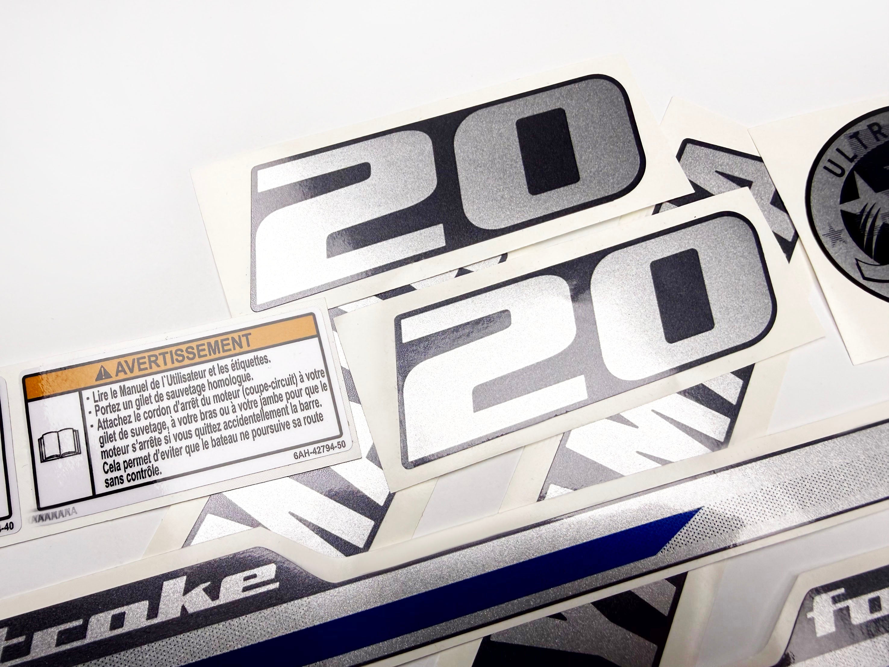 Vinyl graphic metalized silver shimmer decals set suitable for Yamaha 20 hp four stroke outboard engine. Vinyl stickers kit for Yamaha 20 hp four stroke Handmade