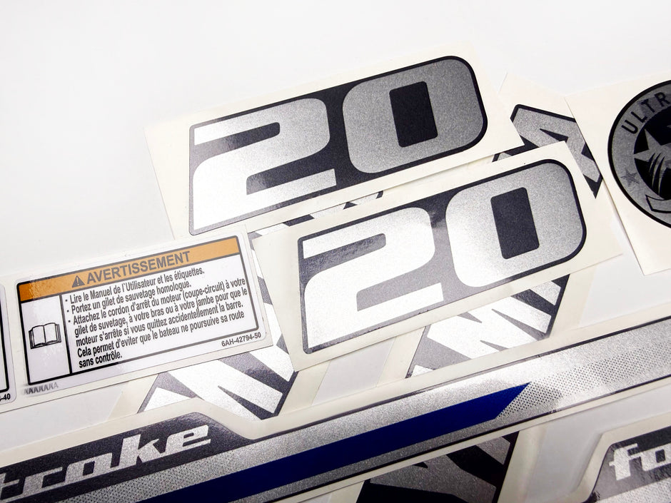 Vinyl graphic metalized silver shimmer decals set suitable for Yamaha 20 hp four stroke outboard engine. Vinyl stickers kit for Yamaha 20 hp four stroke Handmade