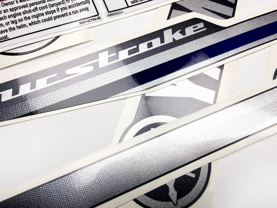 Vinyl graphic metalized silver shimmer decals set suitable for Yamaha 20 hp four stroke outboard engine. Vinyl stickers kit for Yamaha 20 hp four stroke Handmade