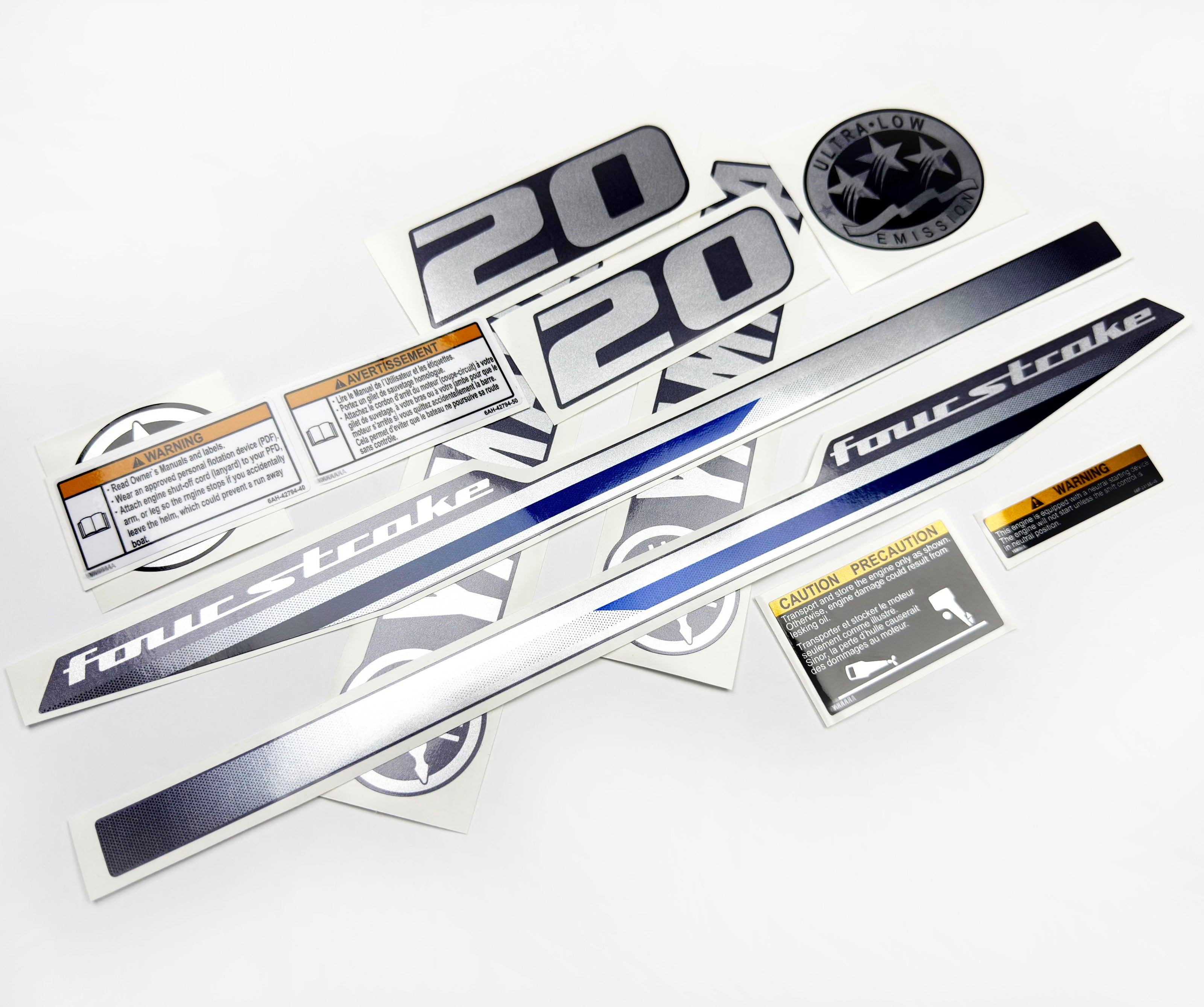 Vinyl graphic metalized silver shimmer decals set suitable for Yamaha 20 hp four stroke outboard engine. Vinyl stickers kit for Yamaha 20 hp four stroke Handmade