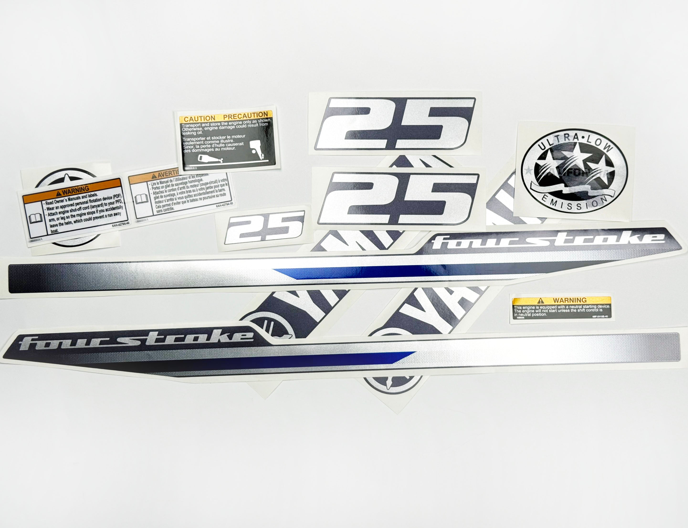 Vinyl graphic decals metalized silver shimmer set suitable for Yamaha 25 hp four stroke outboard engine. Vinyl stickers kit for Yamaha 25 hp four stroke Handmade