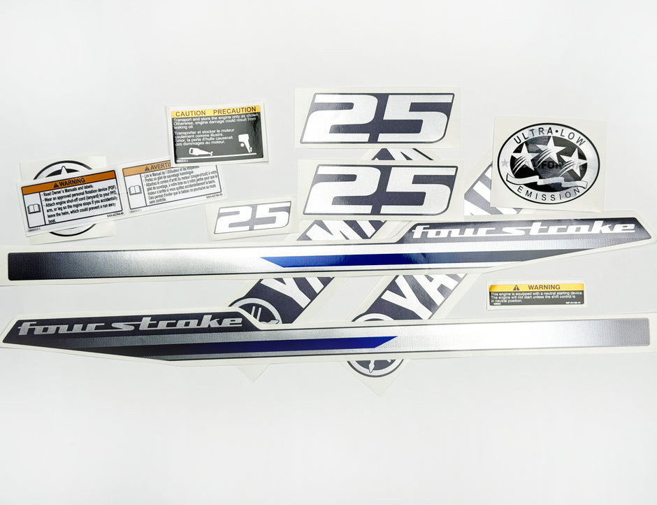 Vinyl graphic decals metalized silver shimmer set suitable for Yamaha 25 hp four stroke outboard engine. Vinyl stickers kit for Yamaha 25 hp four stroke Handmade