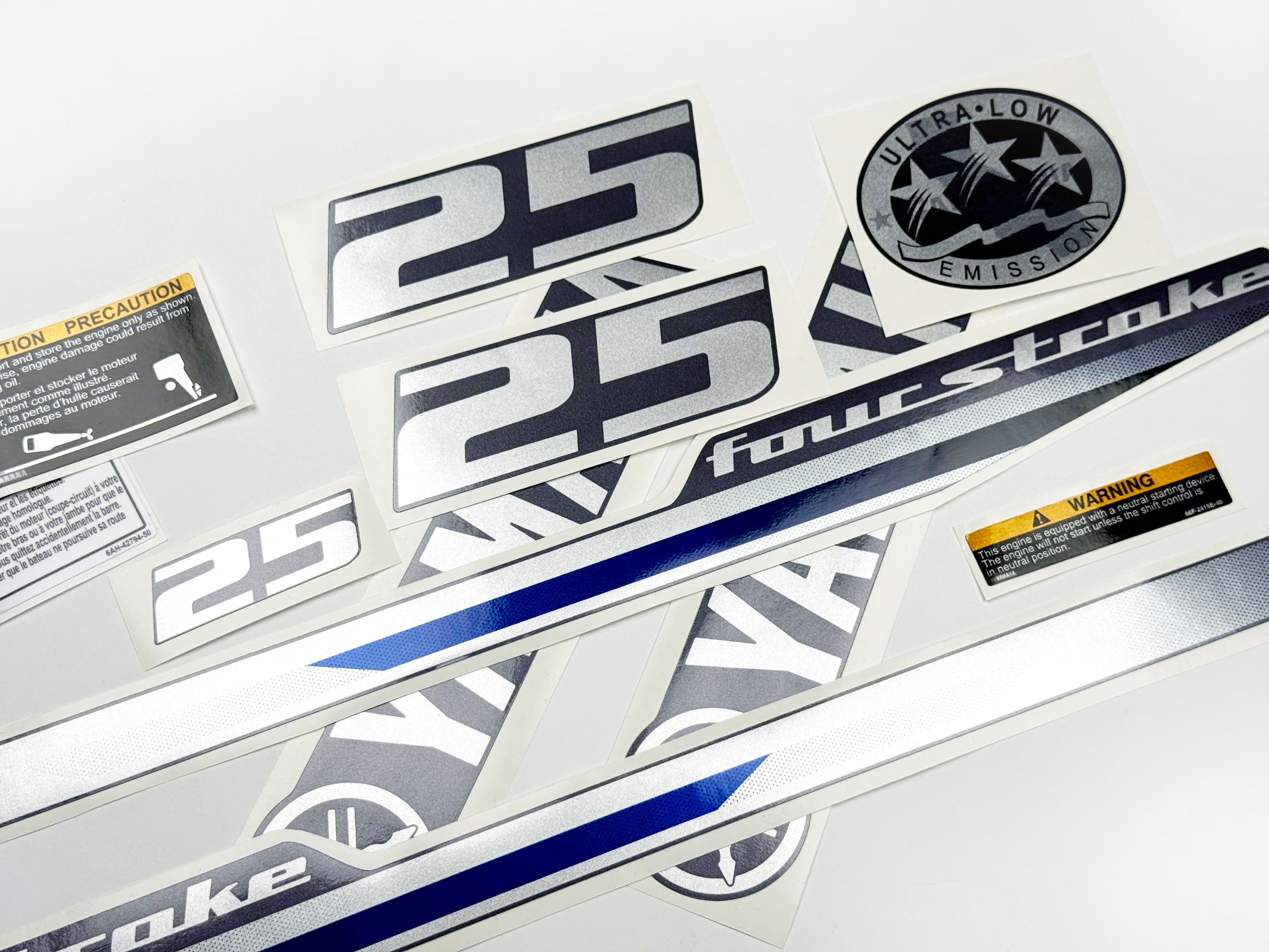 Vinyl graphic decals metalized silver shimmer set suitable for Yamaha 25 hp four stroke outboard engine. Vinyl stickers kit for Yamaha 25 hp four stroke Handmade
