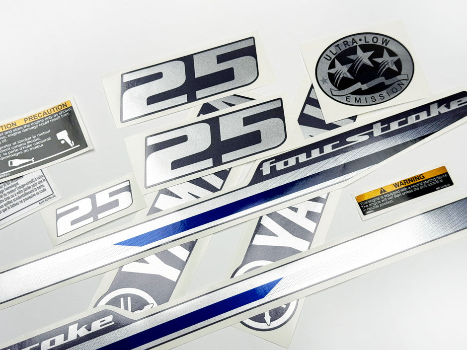 Vinyl graphic decals metalized silver shimmer set suitable for Yamaha 25 hp four stroke outboard engine. Vinyl stickers kit for Yamaha 25 hp four stroke Handmade