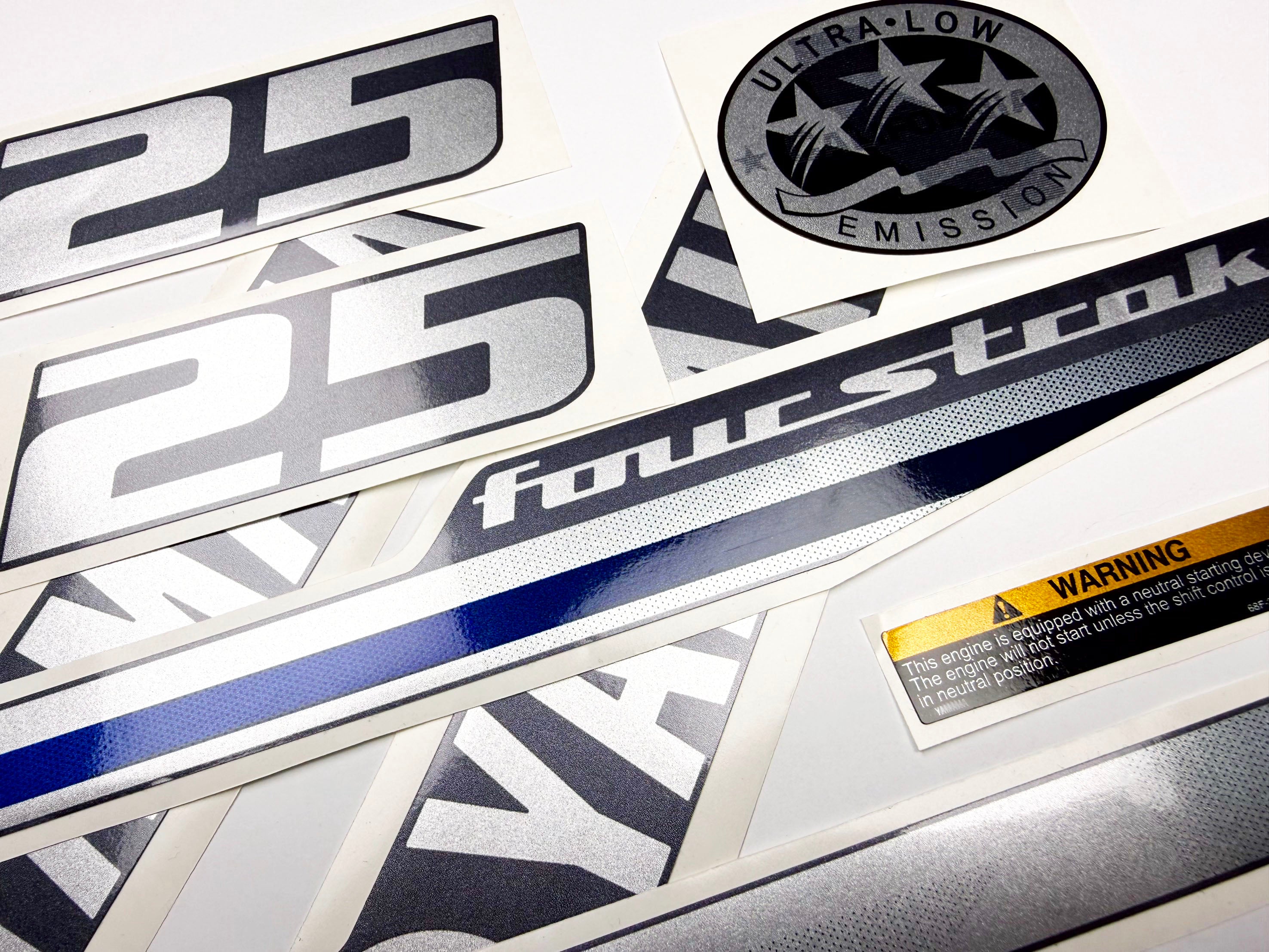 Vinyl graphic decals metalized silver shimmer set suitable for Yamaha 25 hp four stroke outboard engine. Vinyl stickers kit for Yamaha 25 hp four stroke Handmade