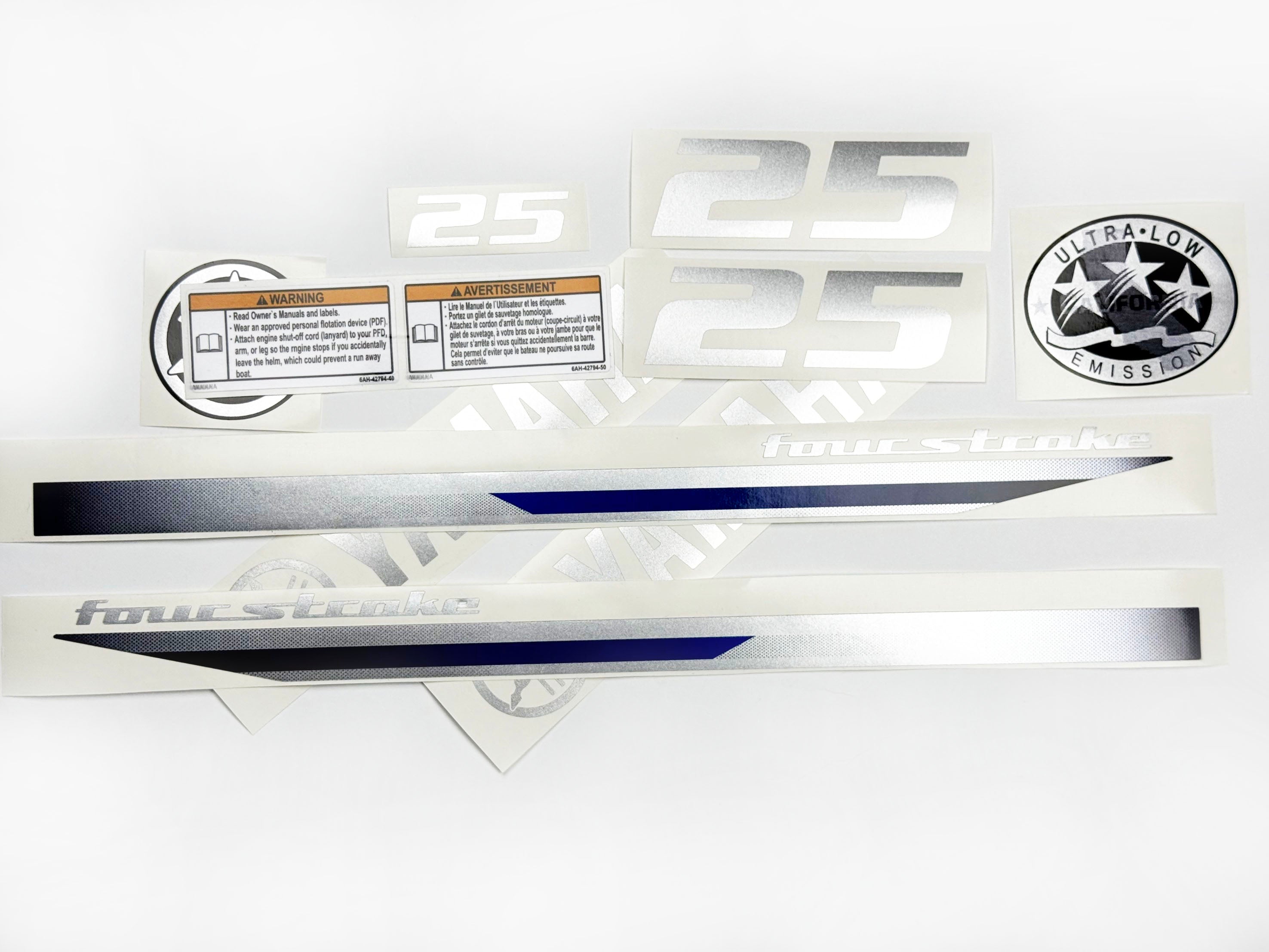 Vinyl graphic decals metalized silver shimmer set suitable for Yamaha 25 hp four stroke outboard engine. Vinyl stickers kit for Yamaha 25 hp four stroke Handmade