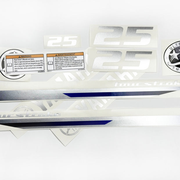 Vinyl graphic decals metalized silver shimmer set suitable for Yamaha 25 hp four stroke outboard engine. Vinyl stickers kit for Yamaha 25 hp four stroke Handmade
