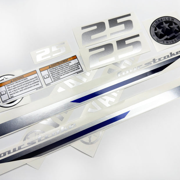 Vinyl graphic decals metalized silver shimmer set suitable for Yamaha 25 hp four stroke outboard engine. Vinyl stickers kit for Yamaha 25 hp four stroke Handmade