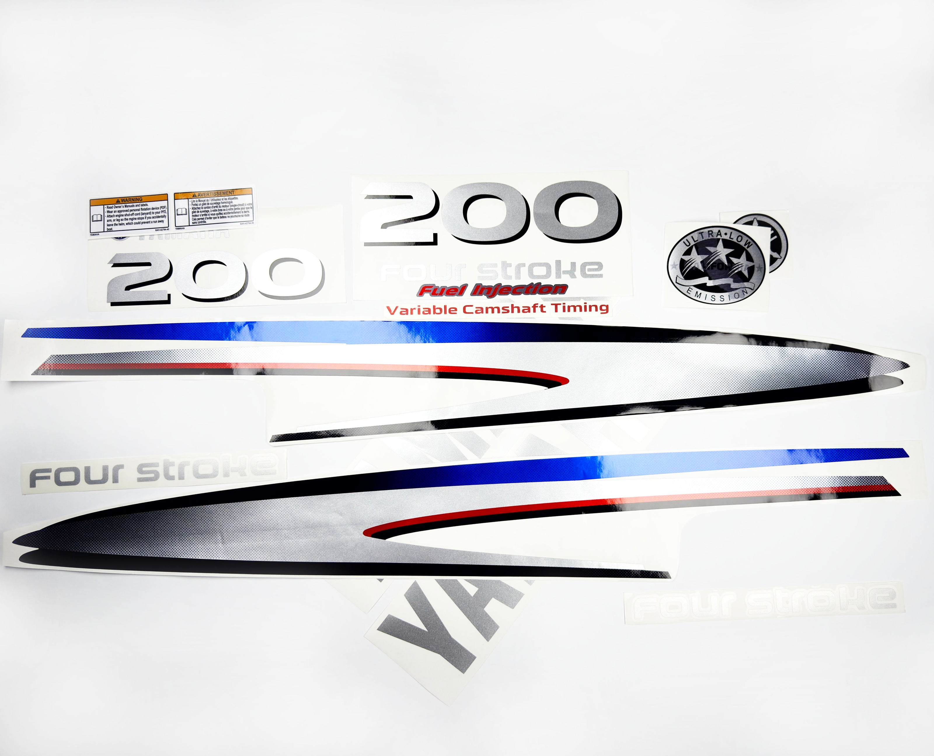 Vinyl graphic metalized silver shimmer decals set suitable for Yamaha 200 hp four stroke outboard engine. Vinyl stickers kit for Yamaha 200 hp four stroke Handmade