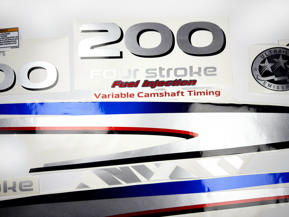 Vinyl graphic metalized silver shimmer decals set suitable for Yamaha 200 hp four stroke outboard engine. Vinyl stickers kit for Yamaha 200 hp four stroke Handmade
