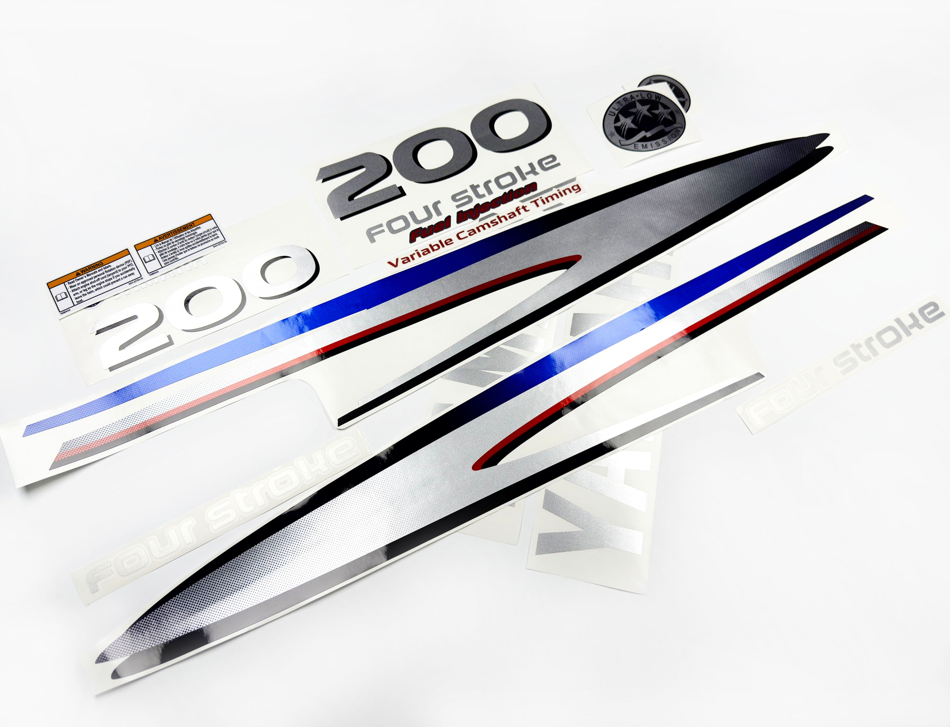 Vinyl graphic metalized silver shimmer decals set suitable for Yamaha 200 hp four stroke outboard engine. Vinyl stickers kit for Yamaha 200 hp four stroke Handmade