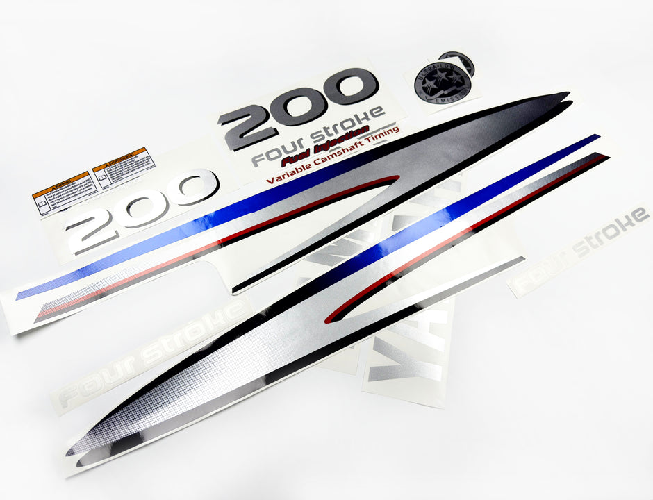 Vinyl graphic metalized silver shimmer decals set suitable for Yamaha 200 hp four stroke outboard engine. Vinyl stickers kit for Yamaha 200 hp four stroke Handmade