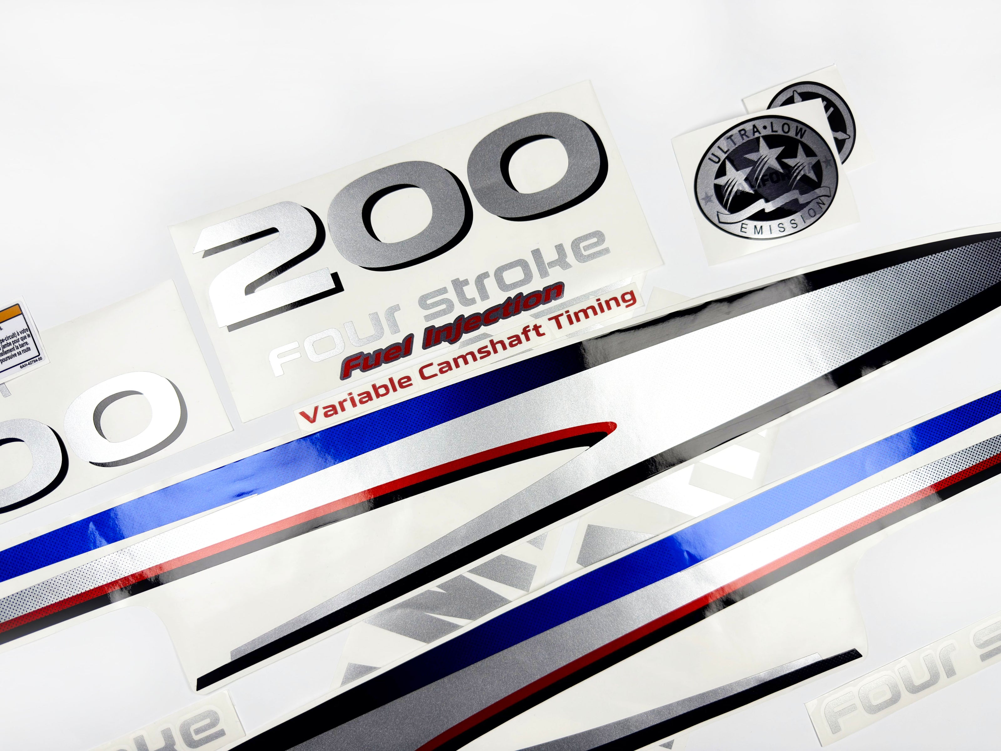 Vinyl graphic metalized silver shimmer decals set suitable for Yamaha 200 hp four stroke outboard engine. Vinyl stickers kit for Yamaha 200 hp four stroke Handmade
