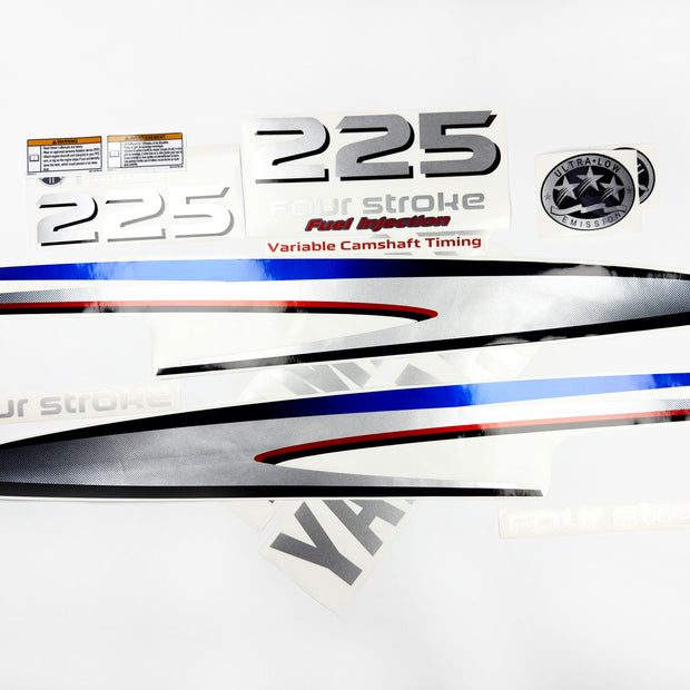 Vinyl graphic metalized silver shimmer decals set suitable for Yamaha 225 hp four stroke outboard engine. Vinyl stickers kit for Yamaha 225 hp four stroke Handmade