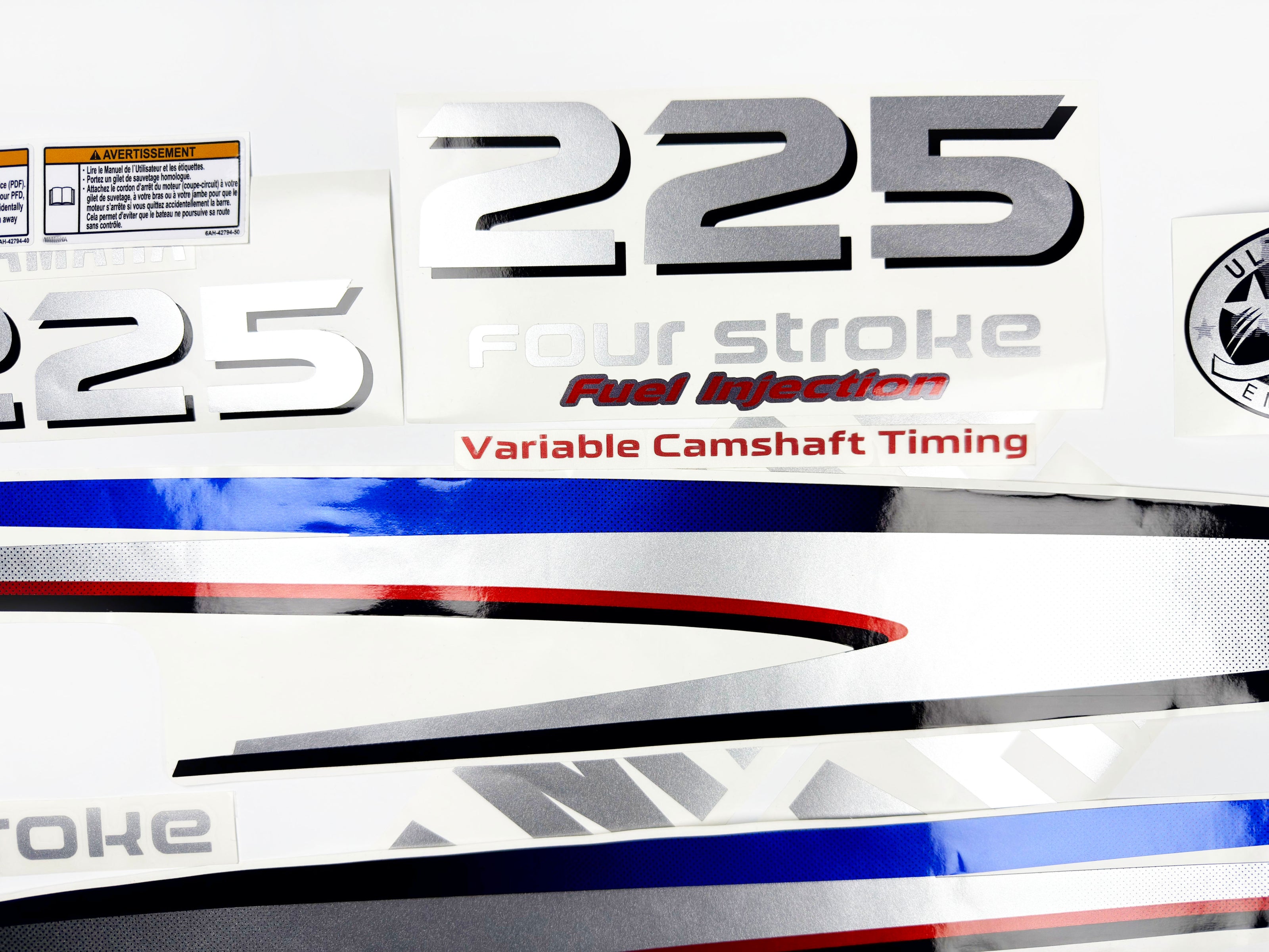 Vinyl graphic metalized silver shimmer decals set suitable for Yamaha 225 hp four stroke outboard engine. Vinyl stickers kit for Yamaha 225 hp four stroke Handmade