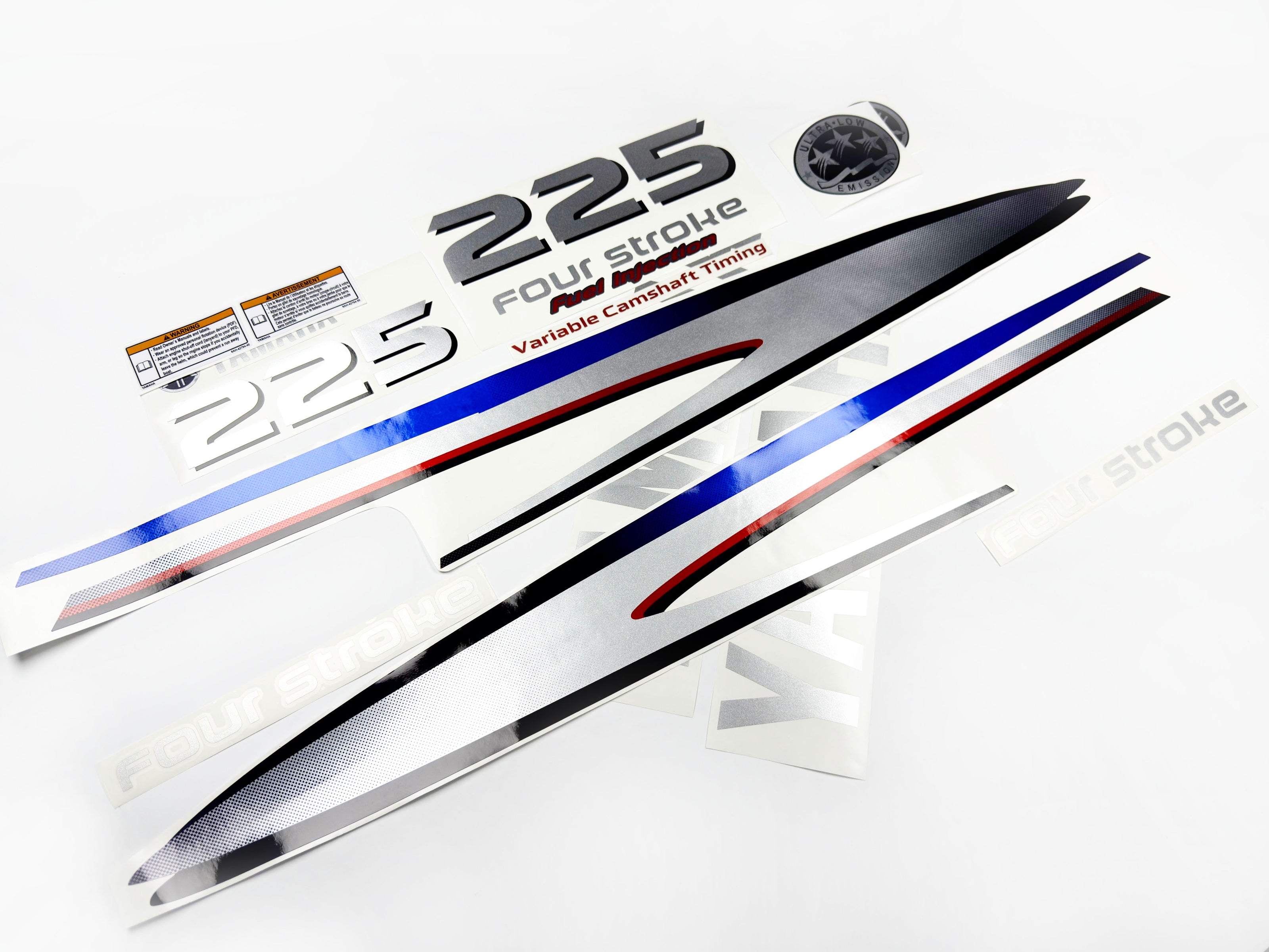 Vinyl graphic metalized silver shimmer decals set suitable for Yamaha 225 hp four stroke outboard engine. Vinyl stickers kit for Yamaha 225 hp four stroke Handmade