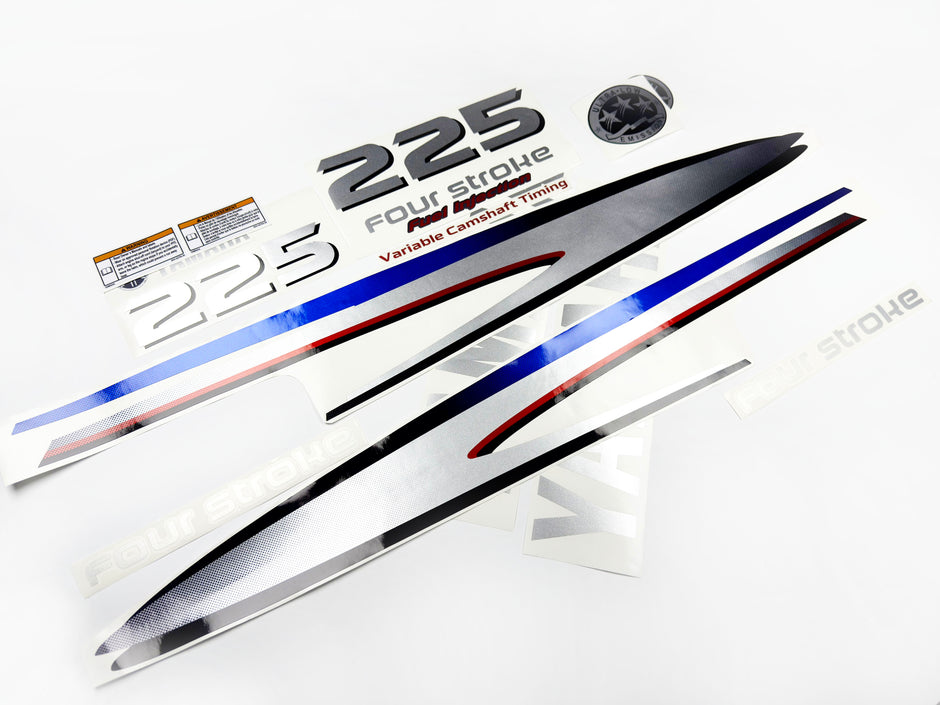 Vinyl graphic metalized silver shimmer decals set suitable for Yamaha 225 hp four stroke outboard engine. Vinyl stickers kit for Yamaha 225 hp four stroke Handmade