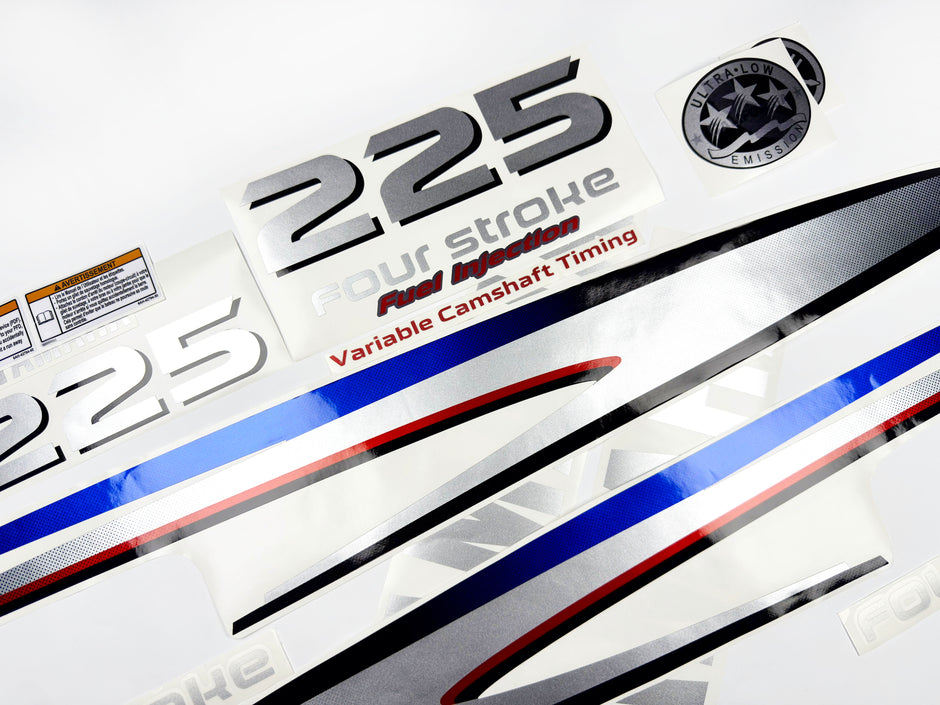 Vinyl graphic metalized silver shimmer decals set suitable for Yamaha 225 hp four stroke outboard engine. Vinyl stickers kit for Yamaha 225 hp four stroke Handmade