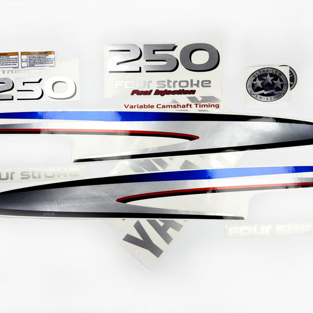 Vinyl graphic metalized silver shimmer decals set suitable for Yamaha 250 hp four stroke outboard engine. Vinyl stickers kit for Yamaha 250 hp four stroke Handmade