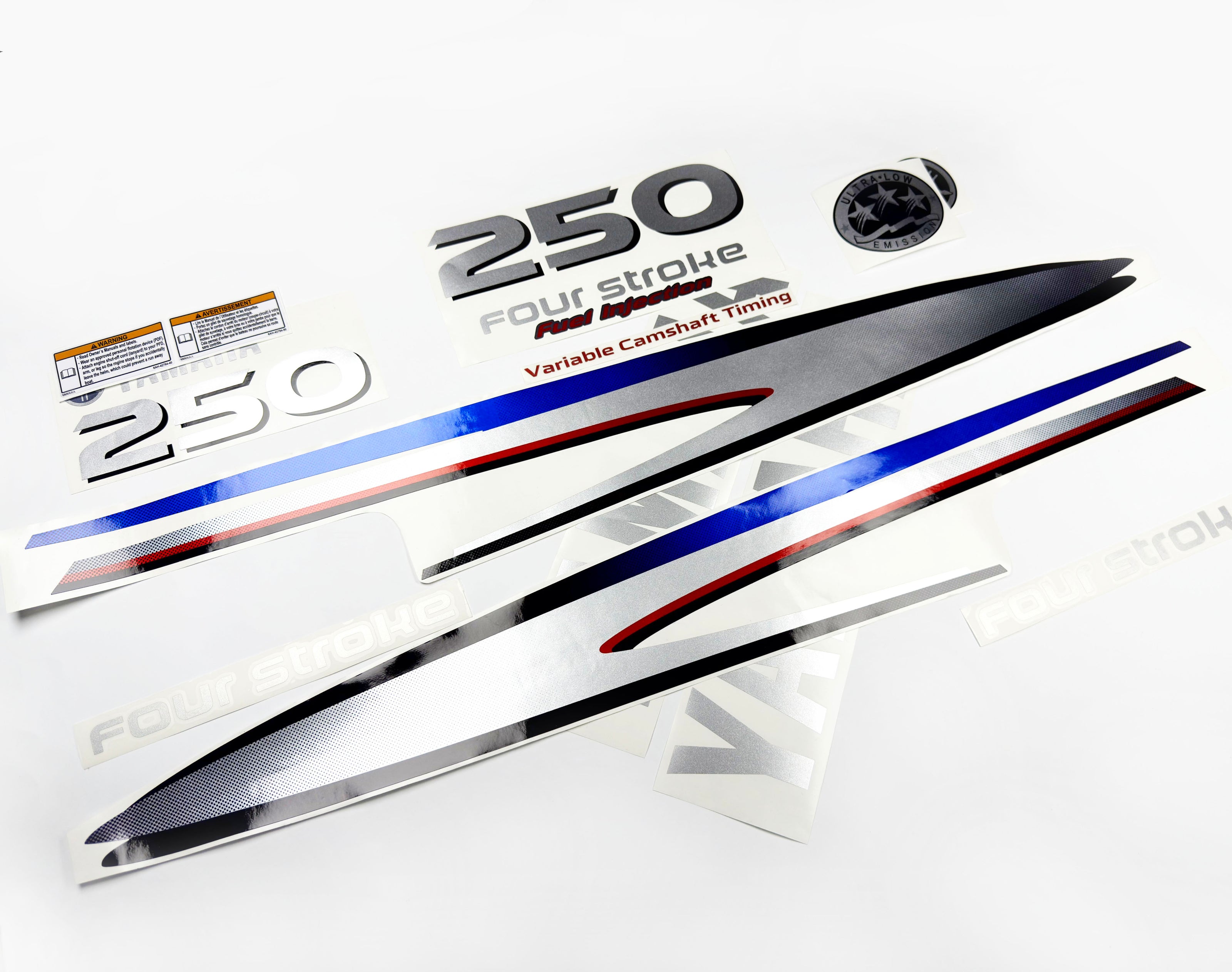 Vinyl graphic metalized silver shimmer decals set suitable for Yamaha 250 hp four stroke outboard engine. Vinyl stickers kit for Yamaha 250 hp four stroke Handmade