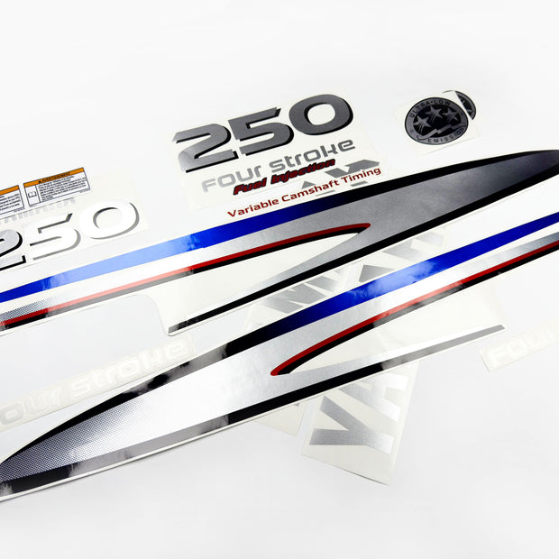 Vinyl graphic metalized silver shimmer decals set suitable for Yamaha 250 hp four stroke outboard engine. Vinyl stickers kit for Yamaha 250 hp four stroke Handmade