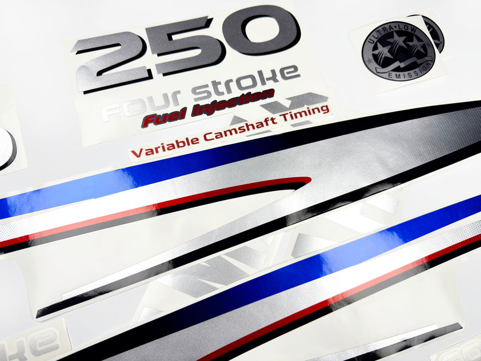 Vinyl graphic metalized silver shimmer decals set suitable for Yamaha 250 hp four stroke outboard engine. Vinyl stickers kit for Yamaha 250 hp four stroke Handmade
