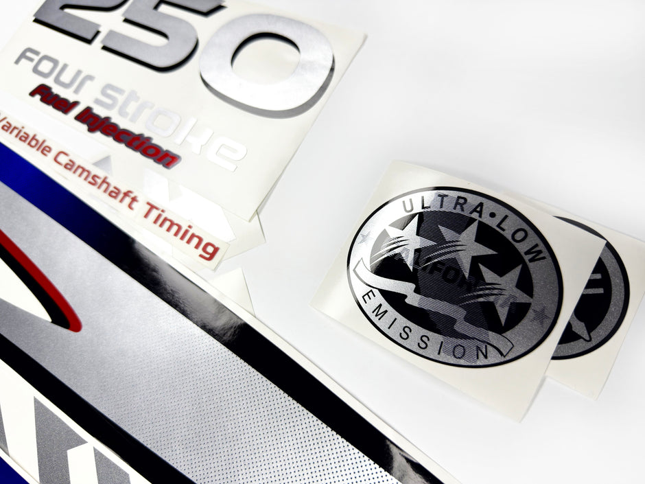 Vinyl graphic metalized silver shimmer decals set suitable for Yamaha 250 hp four stroke outboard engine. Vinyl stickers kit for Yamaha 250 hp four stroke Handmade