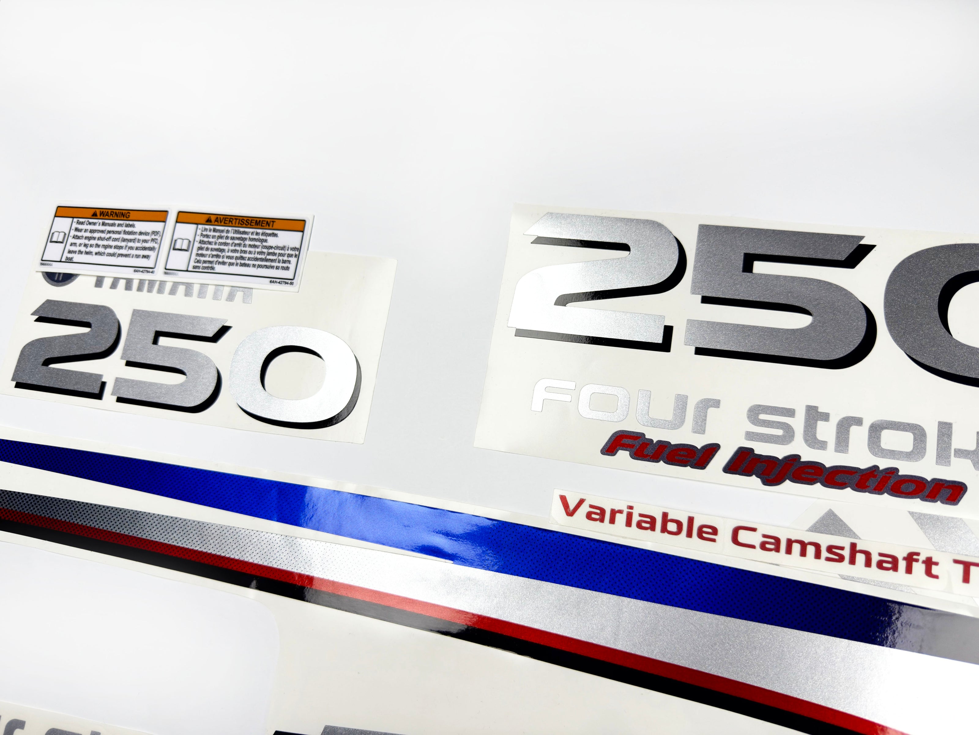 Vinyl graphic metalized silver shimmer decals set suitable for Yamaha 250 hp four stroke outboard engine. Vinyl stickers kit for Yamaha 250 hp four stroke Handmade