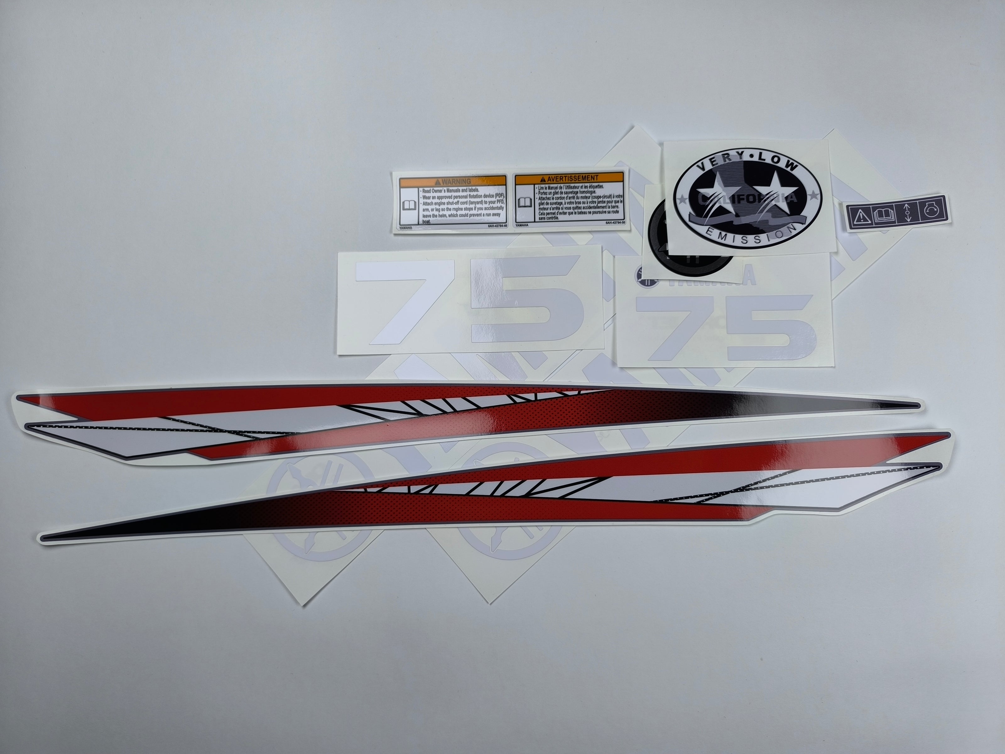 Vinyl graphic red decals set suitable for Yamaha 75 hp two stroke outboard engine. Vinyl stickers kit for Yamaha 75 hp two stroke Handmade