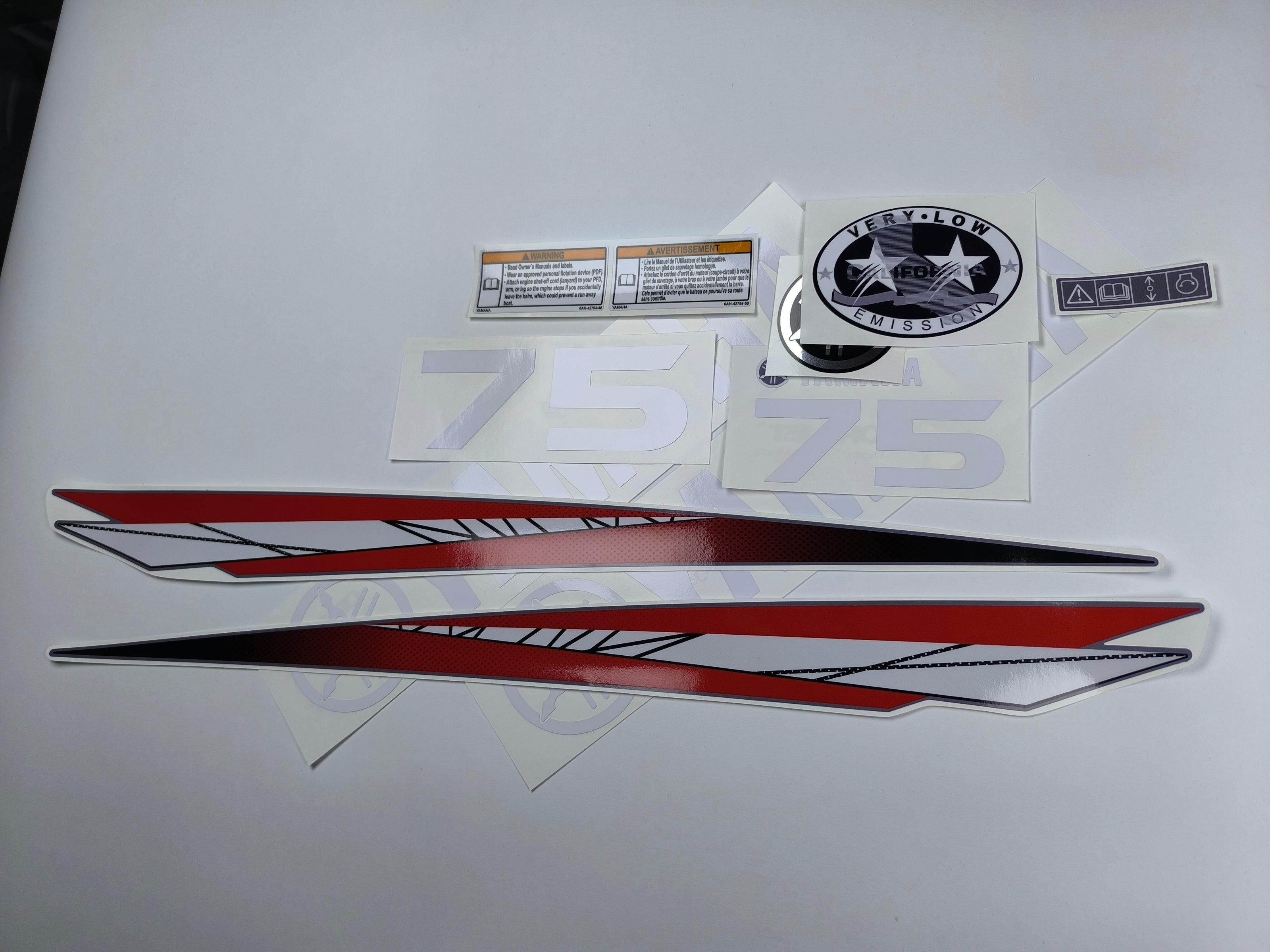 Vinyl graphic red decals set suitable for Yamaha 75 hp two stroke outboard engine. Vinyl stickers kit for Yamaha 75 hp two stroke Handmade