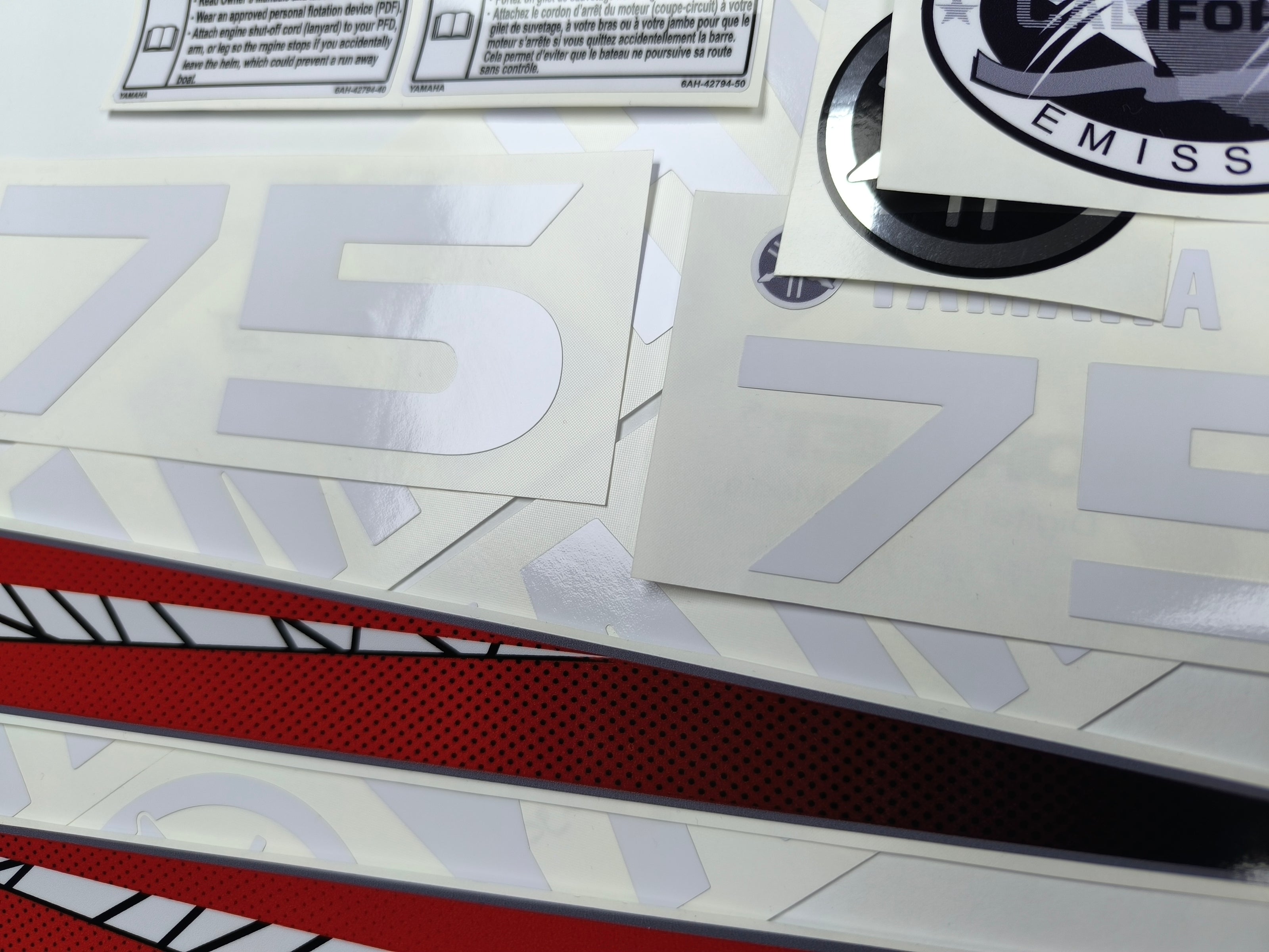 Vinyl graphic red decals set suitable for Yamaha 75 hp two stroke outboard engine. Vinyl stickers kit for Yamaha 75 hp two stroke Handmade